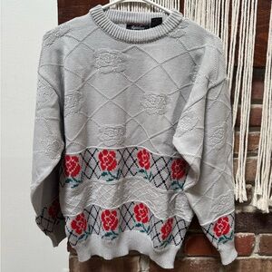 Vintage Gray Crewneck Sweater with Red Rose Pattern